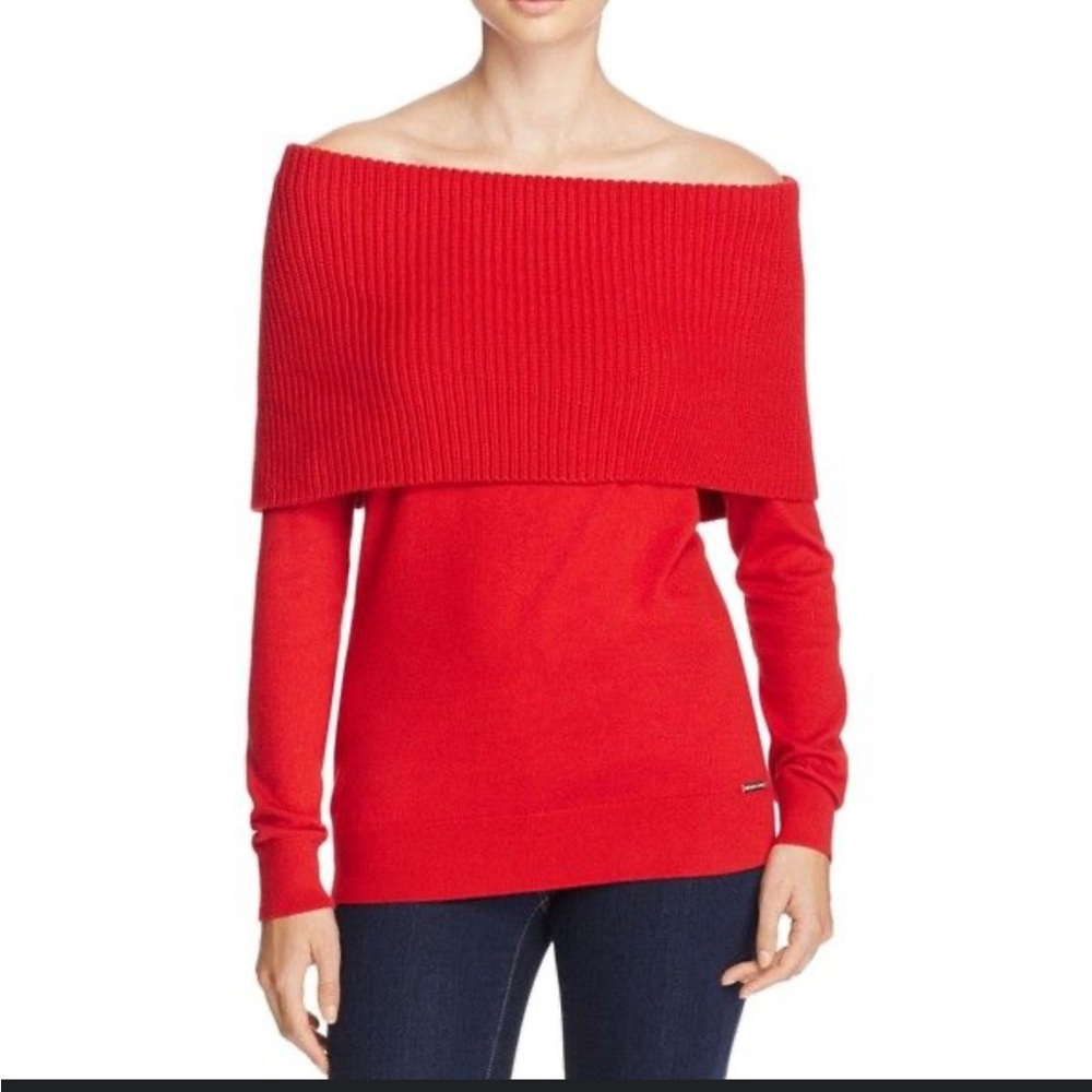Kenneth Cole Red Off The Shoulder Knit Long Sleeve Wool Blend Sweater S